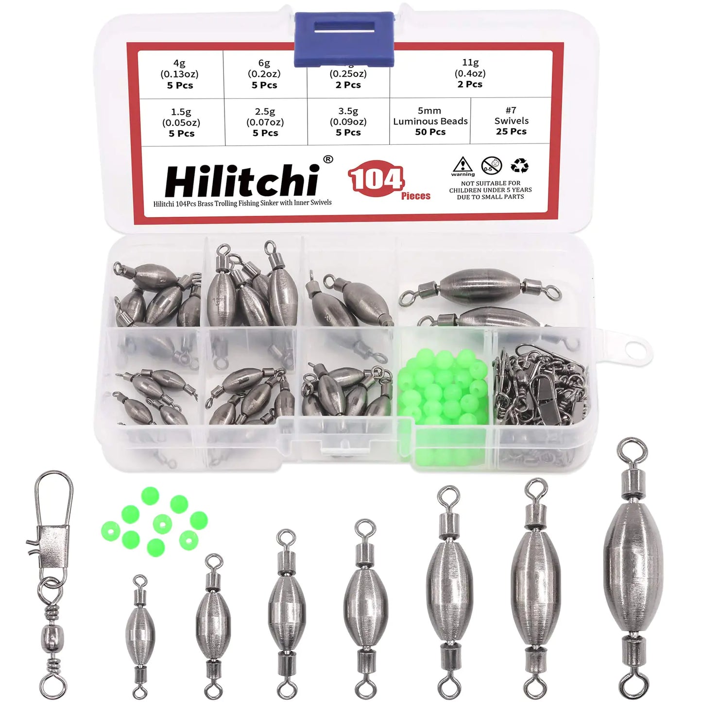 Hilitchi Brass Fishing Weights Inline Trolling Fishing Sinker with Inner Swivels (1.5G-10PCS)