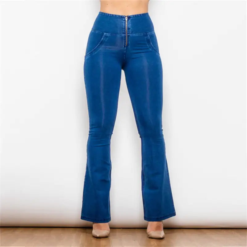 High Waist Flared Dark Blue Stretch Jeans for Women