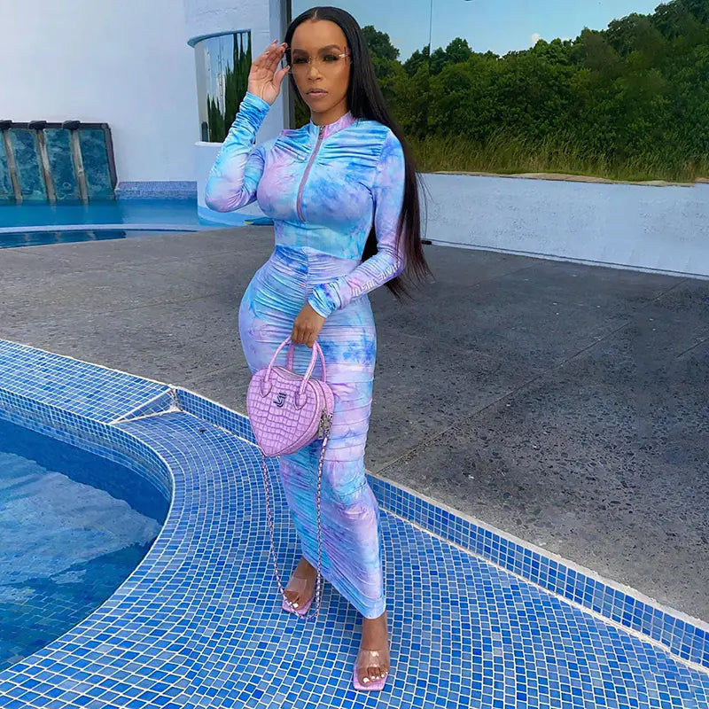 Autumn Digital Print Long Sleeve Bodycon Dress