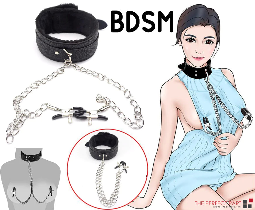 Leather Collar With Nipple Clamps Sex Toys For Couples BDSM