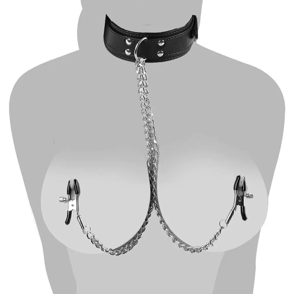 Leather Collar With Nipple Clamps Sex Toys For Couples BDSM