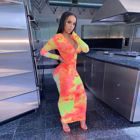 Autumn Digital Print Long Sleeve Bodycon Dress