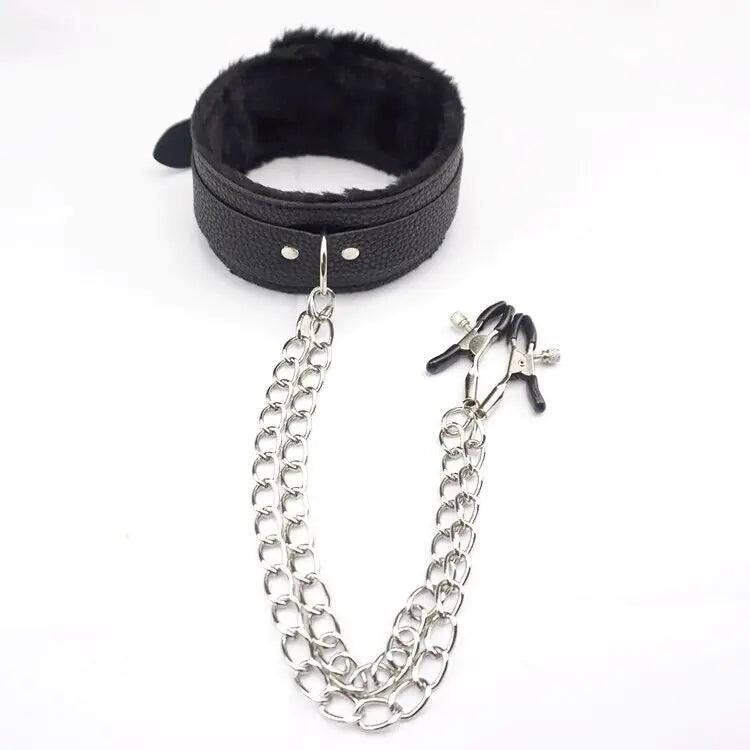 Leather Collar With Nipple Clamps Sex Toys For Couples BDSM