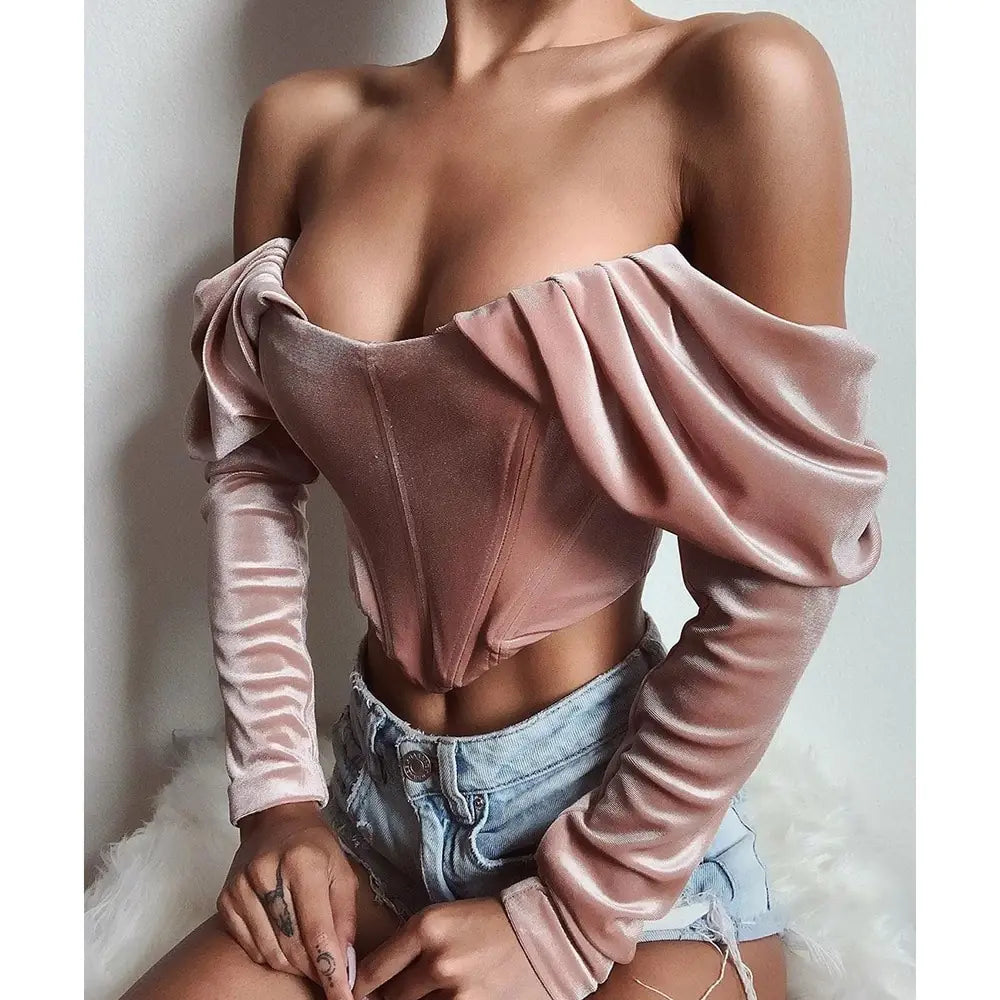 Off-Shoulder Velvet Pleated Long-Sleeve Top for Women