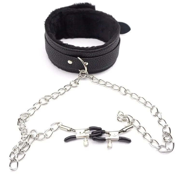 Leather Collar With Nipple Clamps Sex Toys For Couples BDSM